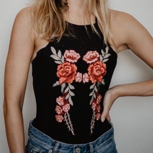 LF embroidered rose mesh bodysuit
